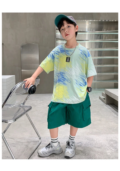 Summer  Boys Shorts Short Sleeve Shorts Handsome High Quality Leisure Sports Simple Two-piece Set.4-16year