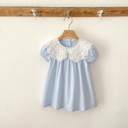 Baby Girls Dress Kids Summer Cute Flowers Dress 1-6 Yrs Children Fashion Doll Collar Princess Dress Blue Cotton Girl's Dresses