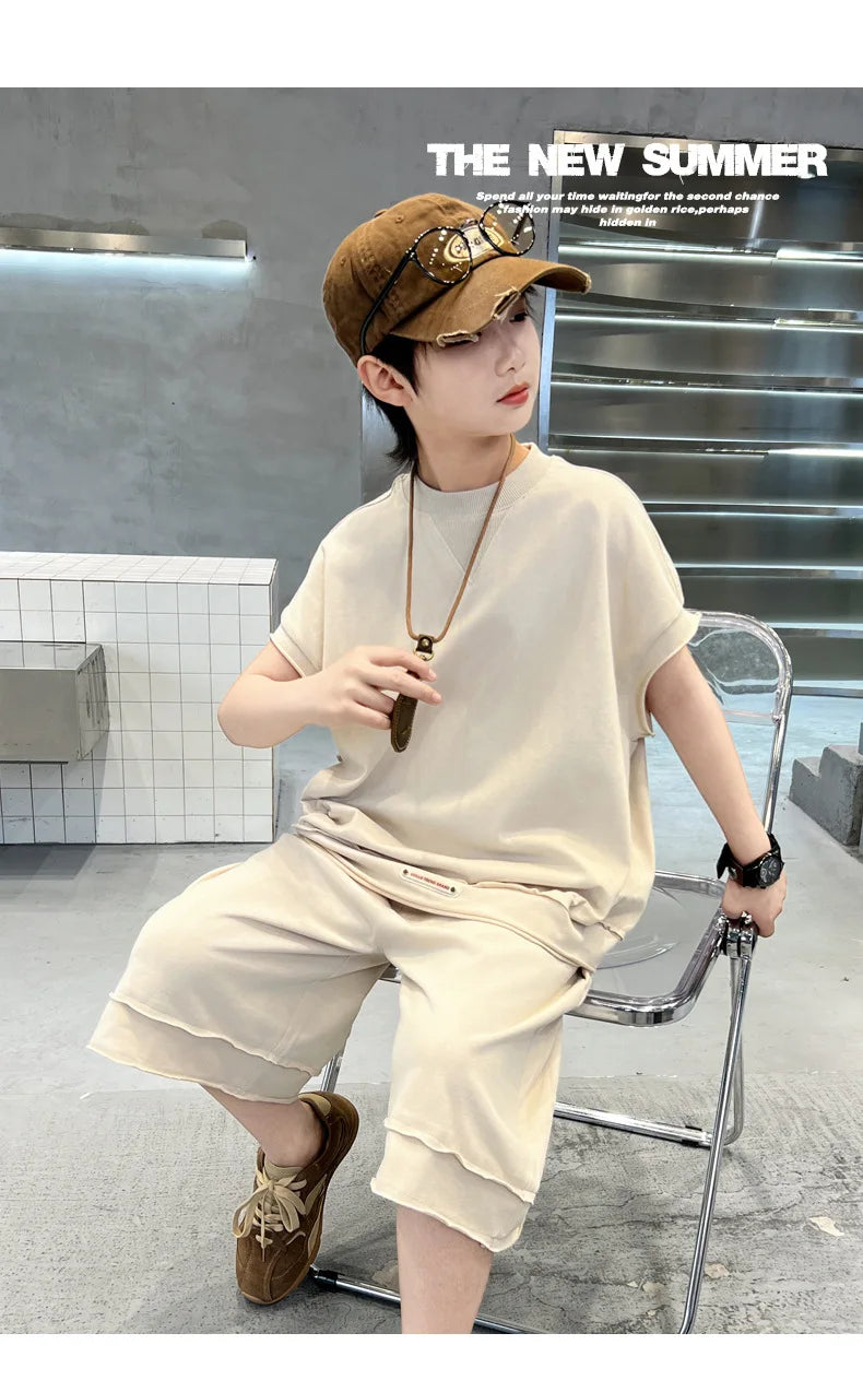 Boys' Summer Outfit Set 2025 New Style Children's Summer Short Sleeved Sportswear Vest Fashionable Boys' Thin Design