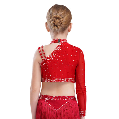 Girls Modern Dance Dress 2 Piece One-shoulder Sleeve Rhinestone Crop Top And Feather Skirts Sets Dance for Stage Performance