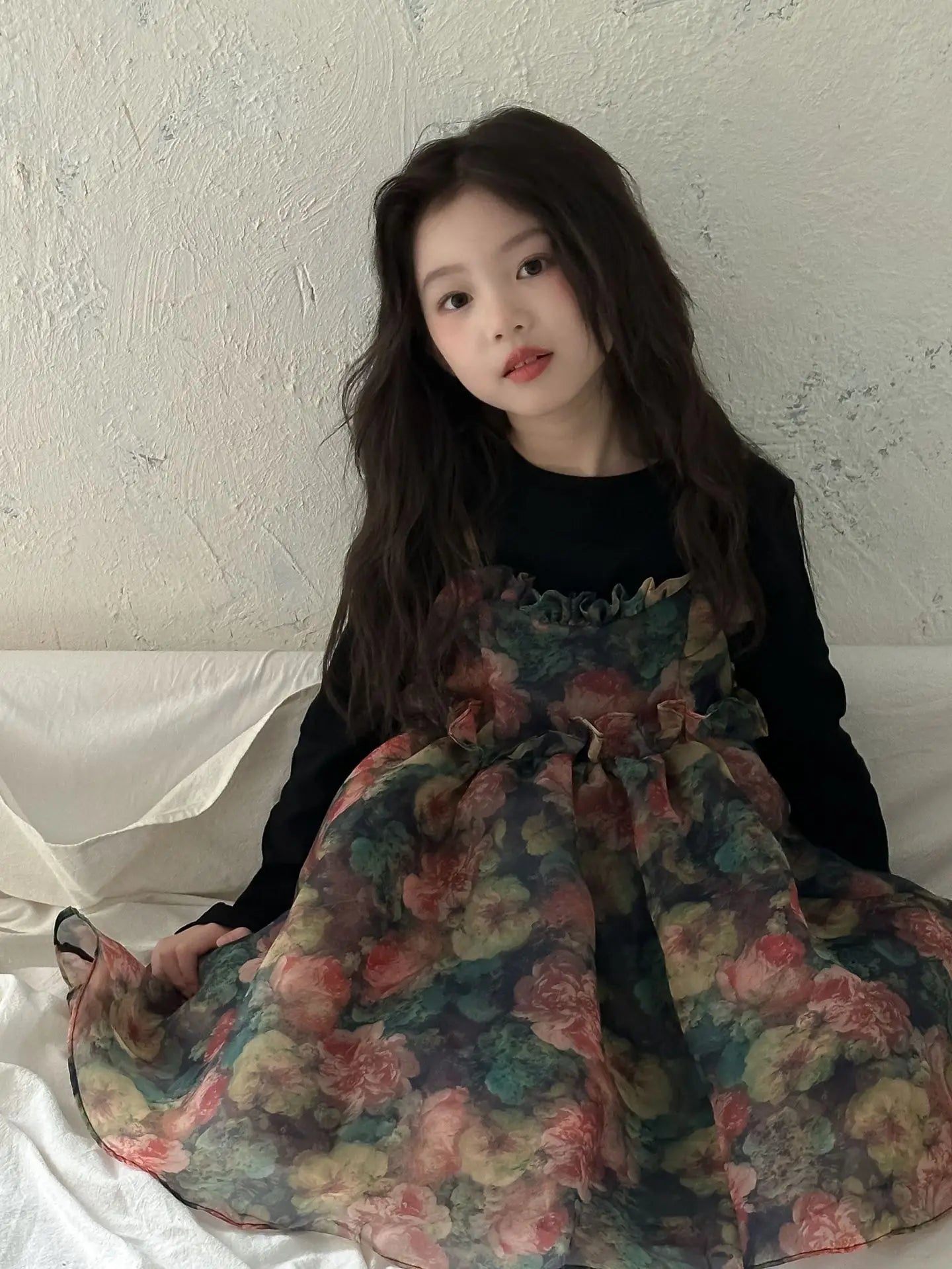 Girls Casual Dresses Autumn Girl Black T-shirt Camisole Flower Mesh Gauze Suit Princess Simple Printing Loose Beautiful 2024