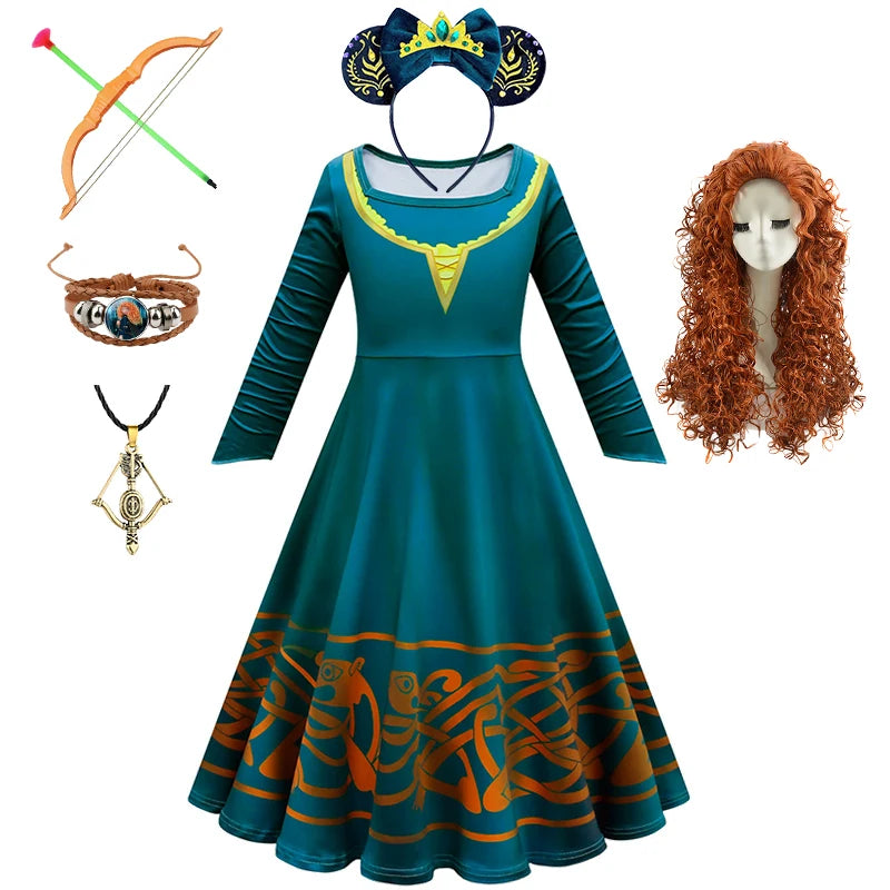 New Cartoon Movie Girls Princess Merida Dress Halloween Brave Princess Costume Children Green Velvet Long Sleeve Vintage Clothes
