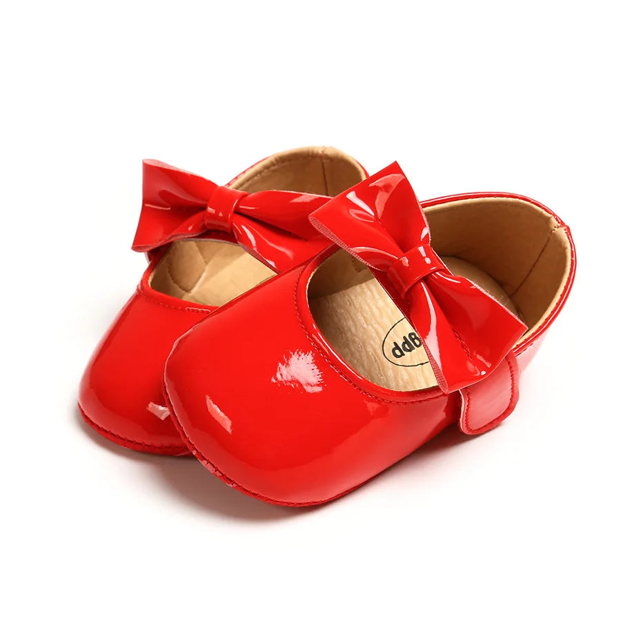 Newborn Baby Girls Shoes Patent Leather First Walkers Bow Red Black Soft Soled Non-slip Crib Kids Shoes
