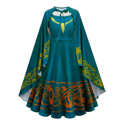 New Cartoon Movie Girls Princess Merida Dress Halloween Brave Princess Costume Children Green Velvet Long Sleeve Vintage Clothes