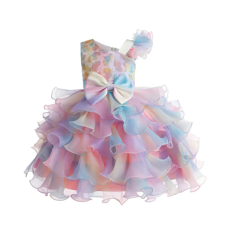 Party Dresses For Girls Rainbow Ruffle Big Bow Layered Sequin Princess Dress For Kids Wedding Birthday Party Pageant Formal Gown
