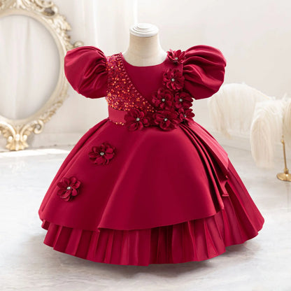 New Kid Party Dress for Occasions Flower Girl Formal Dresses Festive Children Red Clothes 1- 5 Years