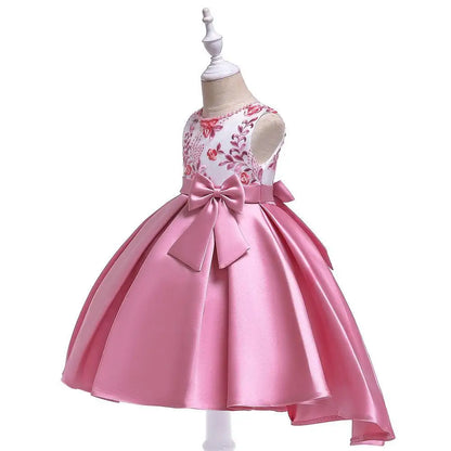 Party Prom Dress For Girls Flower Embroidery Princess Dresses Children Satin Bow Dovetail Dress For Kids Birthday Wedding Gown
