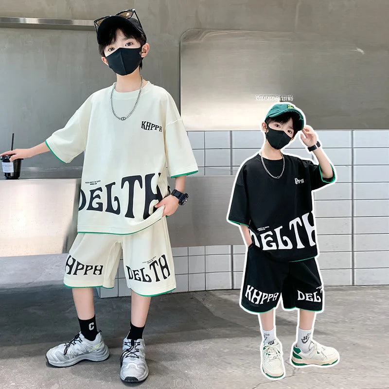 Boys Summer Letter Print Tee Shorts Two Piece Set New Big Kids Casual Wear Outfit Everyday Wear Simple Style Matching Children