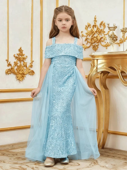 Girls Flower Girl Evening Dress Girl Long Festival Event Performance Small Dress 10-Year-Old Girl Pink Girl Birthday Shiny Dress