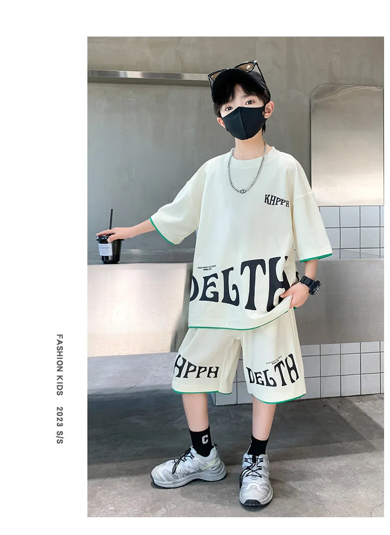 Boys Summer Letter Print Tee Shorts Two Piece Set New Big Kids Casual Wear Outfit Everyday Wear Simple Style Matching Children