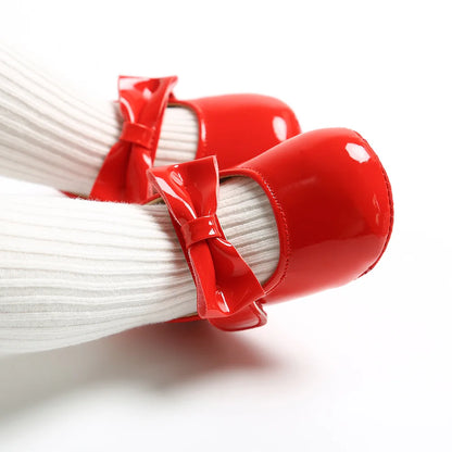 Newborn Baby Girls Shoes Patent Leather First Walkers Bow Red Black Soft Soled Non-slip Crib Kids Shoes
