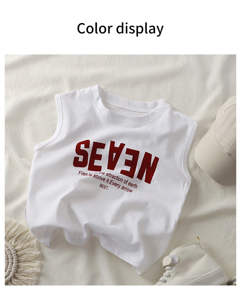 Summer Boys Letter Print Tops Girls Wide Shoulder Vest Children's O-neck T-shirt 2025 Baby Kids Korean Solid Sleeveless Tank Top