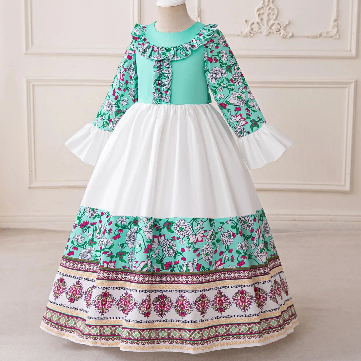 Girl Dress For Eid Arab Muslim Floral Print Long Sleeve Dress For Children Formal Pageant Party Festival Ceremonial Banquet Gown