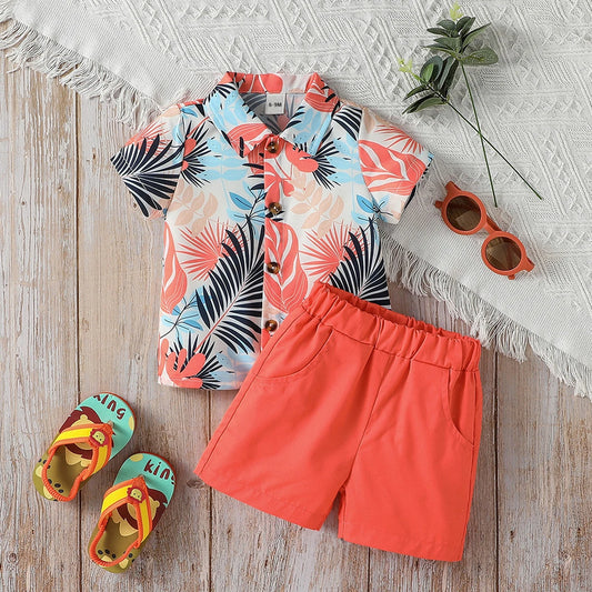 Baby Boys Summer Short Print plants Shirt +Solid Cotton Pantsuit For 1-3Y Casual Daily Wear Clothing Set