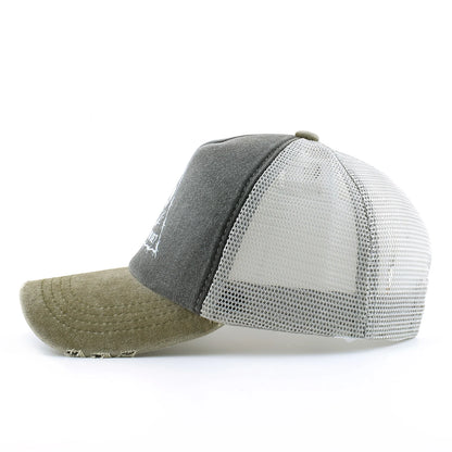 Washed Denim Baseball Cap Women Printing Skull Sun Visor Cap Men Snapback Hip Hop Trucker Cap Breathable Mesh Hat