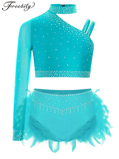 Girls Modern Dance Dress 2 Piece One-shoulder Sleeve Rhinestone Crop Top And Feather Skirts Sets Dance for Stage Performance