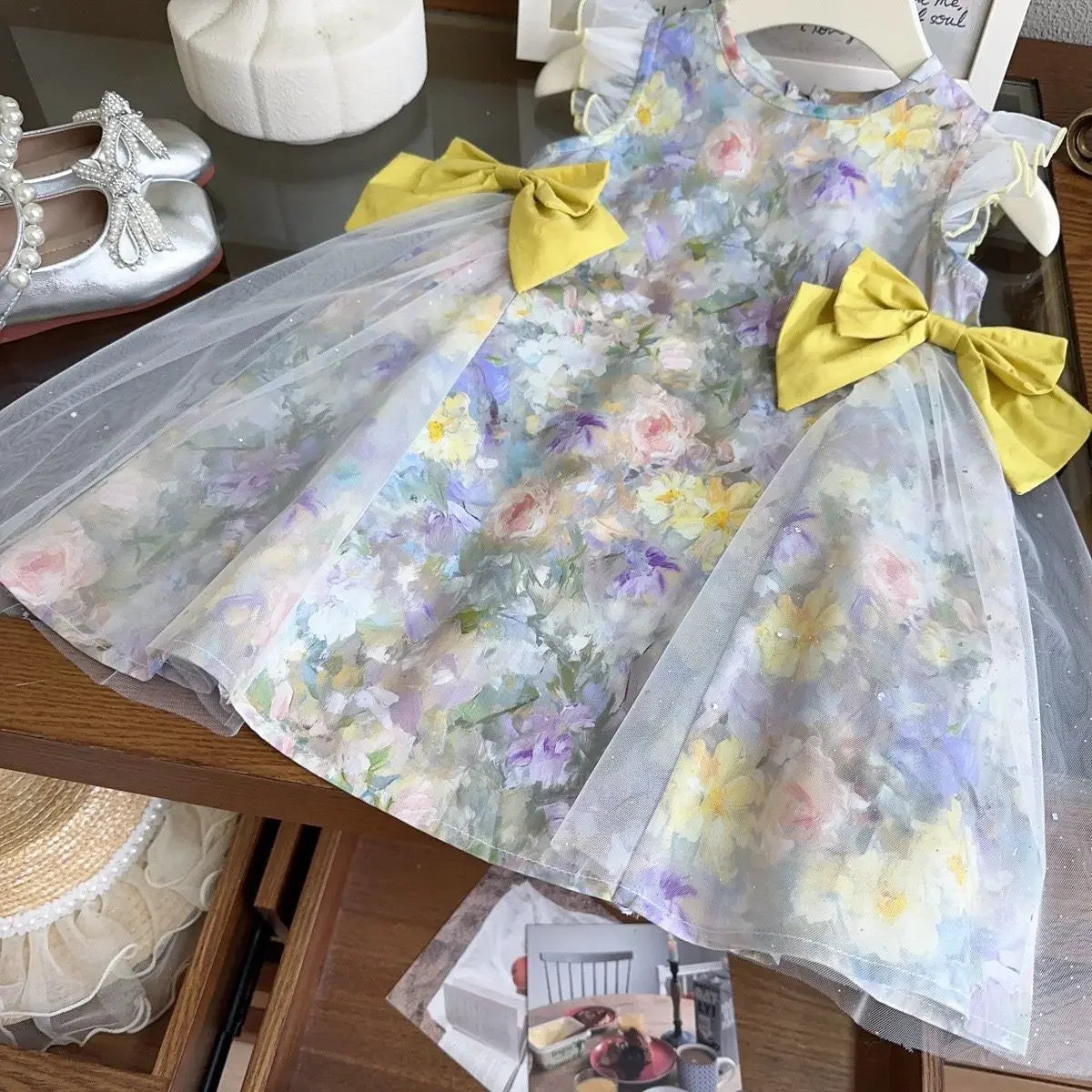 Girls Casual Dresses Girls' Floral Princess Dress with Bow Accents & Mesh Detailing - Flower Girl Party Dress