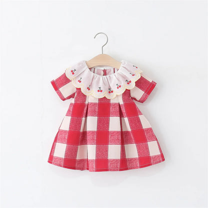 Baby Girl Dresses Summer New Short Sleeved Girl Clothes Plaid Lapel Sweet Cherry Print Casual Dresses For Girls
