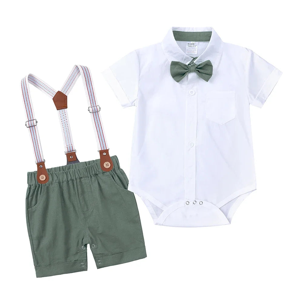 2025 Newborn Baby Gentleman Outfits Suit 2Pcs Bow Tie Romper+Suspenders Shorts Toddler Costume For Boy Wedding Birthday Party