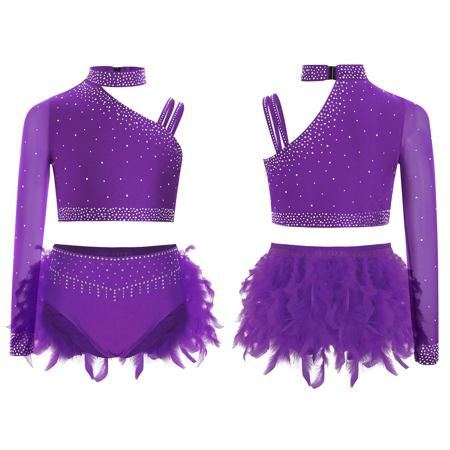 Girls Modern Dance Dress 2 Piece One-shoulder Sleeve Rhinestone Crop Top And Feather Skirts Sets Dance for Stage Performance