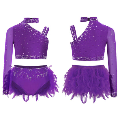 Girls Modern Dance Dress 2 Piece One-shoulder Sleeve Rhinestone Crop Top And Feather Skirts Sets Dance for Stage Performance