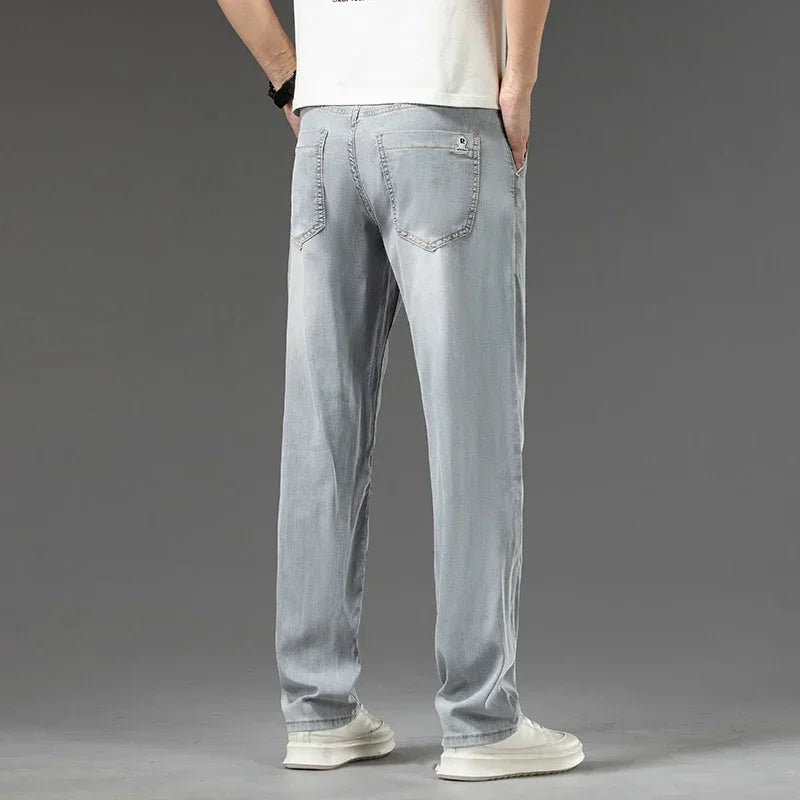Men's Lyocell Soft Thin Jeans Light Color Straight Loose Casual Trousers Business Fashion Male Clothes Elasticity Denim Pants