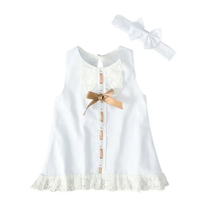 0-24 Months Newborn Infant Baby Girls Dress White Princess Lace Bowknot Sleeveless Dress Headband Clothes Outfit Sets