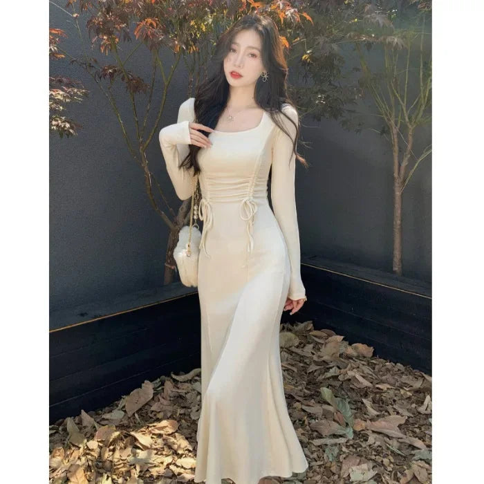 French Style Dresses Women High Waisted  Daily Casual Comfortable Long Sleeve Ladies Mermaid Dress  Autumn Winter Clothes  (Available)