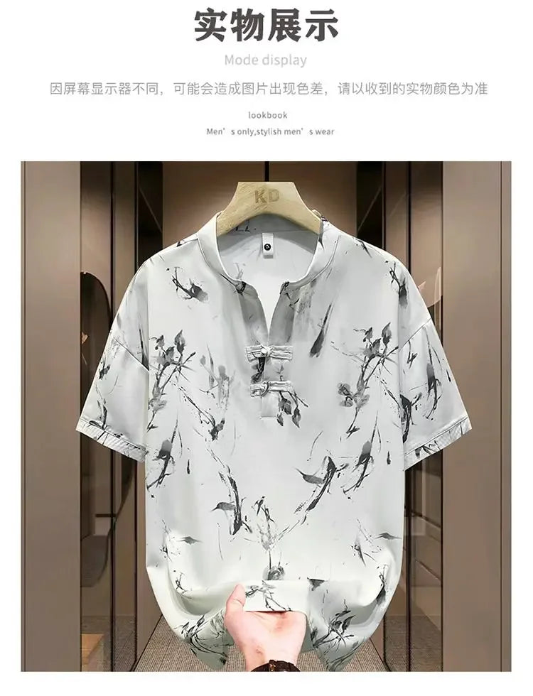 New Chinese Short-sleeved Men Trendy Versatile T-shirt in Summer Retro Stand Collar Thin Fashion Pullover (Available)