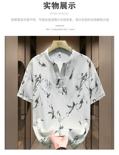 New Chinese Short-sleeved Men Trendy Versatile T-shirt in Summer Retro Stand Collar Thin Fashion Pullover (Available)