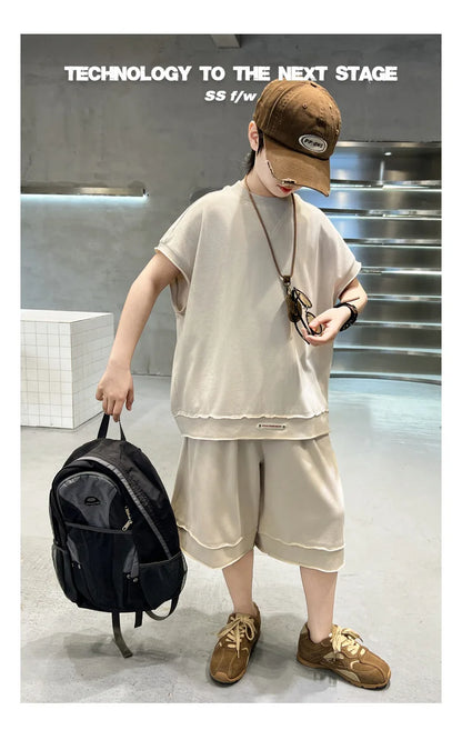 Boys' Summer Outfit Set 2025 New Style Children's Summer Short Sleeved Sportswear Vest Fashionable Boys' Thin Design