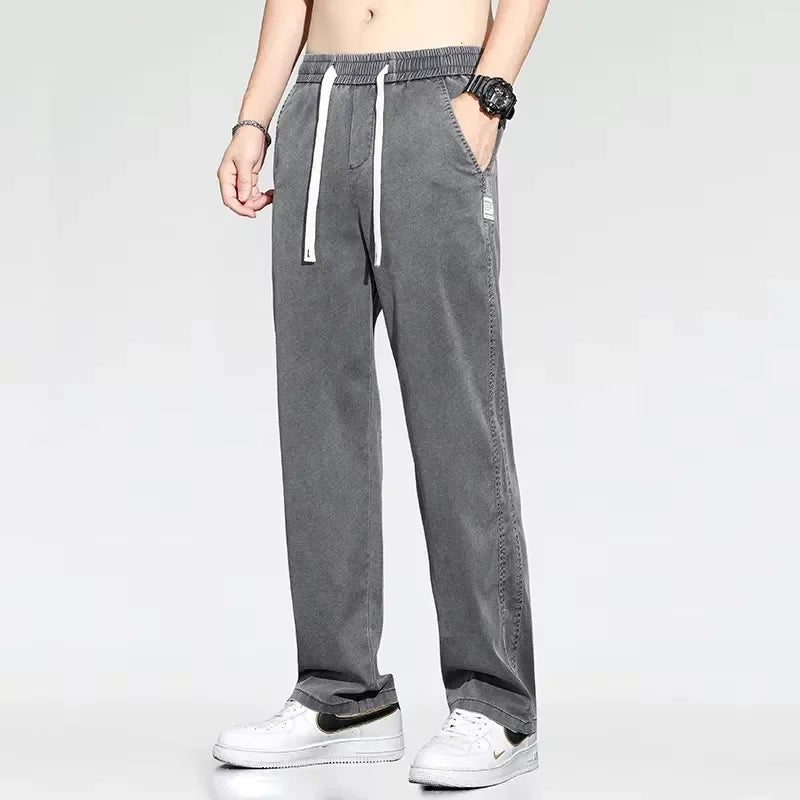 2025 New Summer Soft Lyocell Fabric Men's Jeans Thin Loose Straight Pants Drawstring Elastic Waist Korea Casual Trousers (Available)