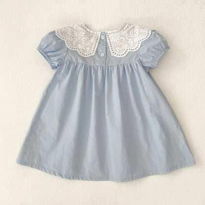 Baby Girls Dress Kids Summer Cute Flowers Dress 1-6 Yrs Children Fashion Doll Collar Princess Dress Blue Cotton Girl's Dresses