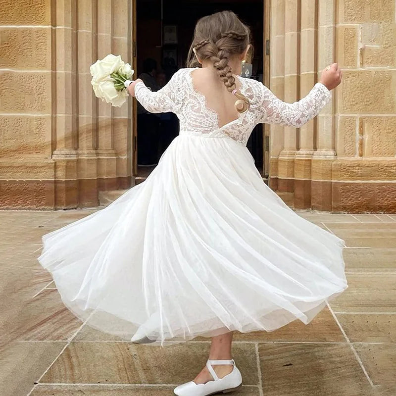 Girl's dress 4-12 years fashionable hollow out long sleeved princess dress carnival birthday wedding flower girl bridesmaid Wear