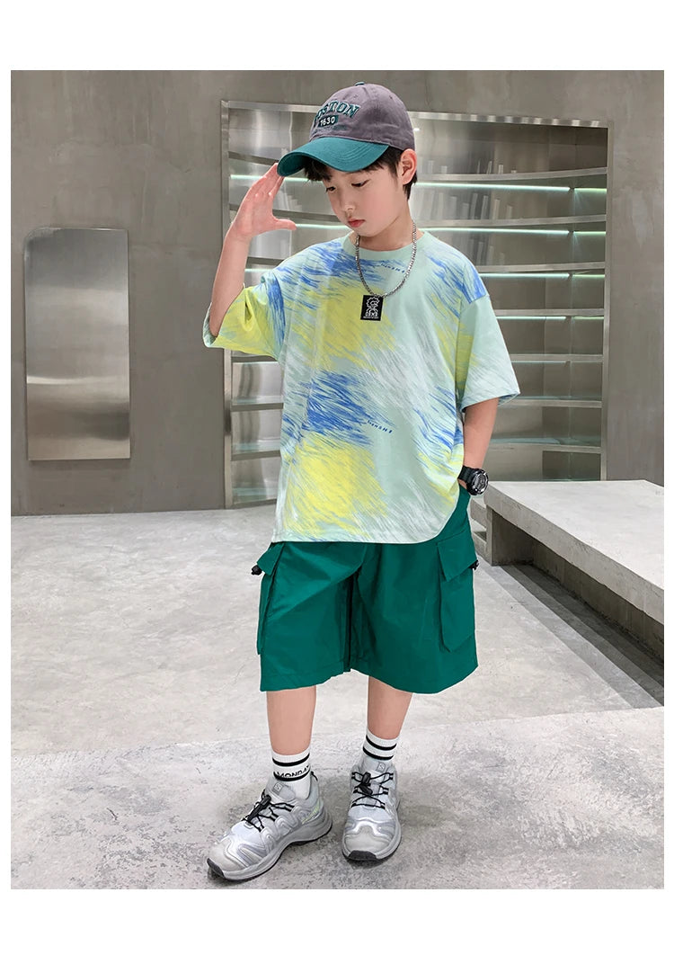 Summer  Boys Shorts Short Sleeve Shorts Handsome High Quality Leisure Sports Simple Two-piece Set.4-16year
