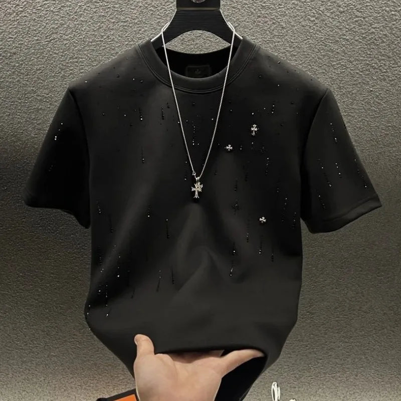Spring New Heavy Work Light Luxury Custom Short Sleeve T-shirt Top Meteor Full Diamond T-shirt Round Neck Short Sleeve    (Available)