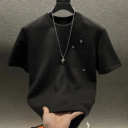Spring New Heavy Work Light Luxury Custom Short Sleeve T-shirt Top Meteor Full Diamond T-shirt Round Neck Short Sleeve    (Available)
