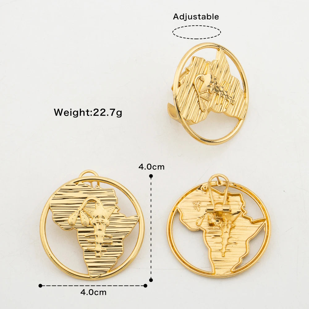 Trendy Round Jewelry Sets Statement Earrings for Women Gold Color Geometry Adjustable Ring Africa Senegal Map Jewellry Accessory