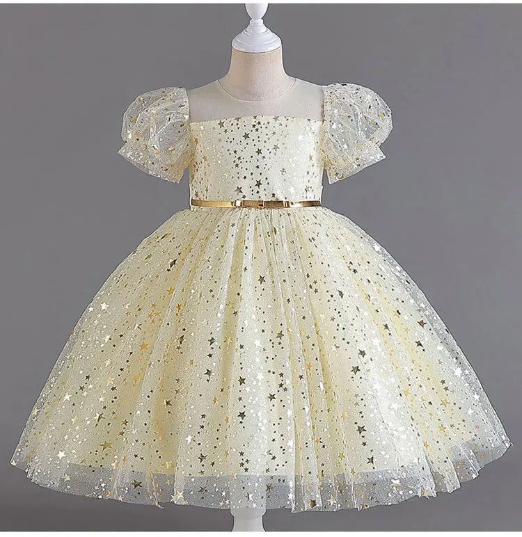 Summer Girls Dresses for Party and Wedding Lace Mesh Short Sleeve Girls Sequin Dress Fashion Girls Party Dress 4-10 Years