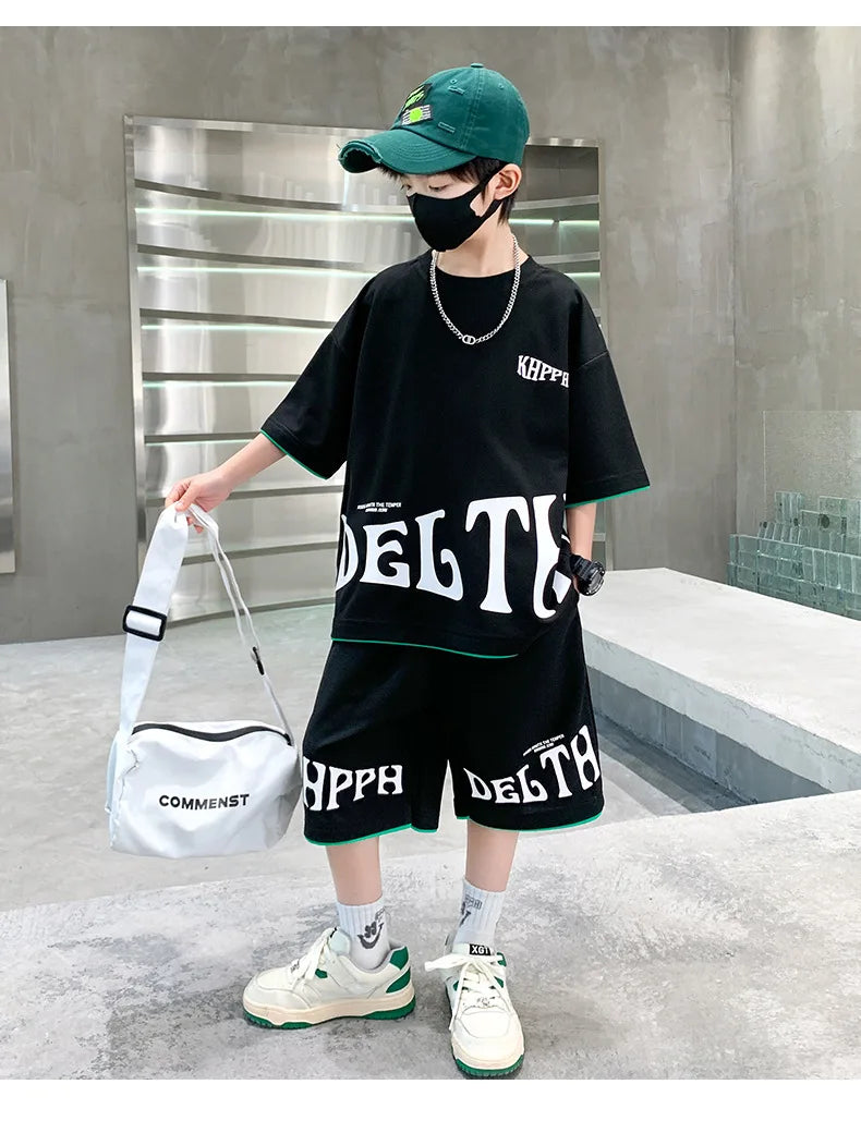 Boys Summer Letter Print Tee Shorts Two Piece Set New Big Kids Casual Wear Outfit Everyday Wear Simple Style Matching Children