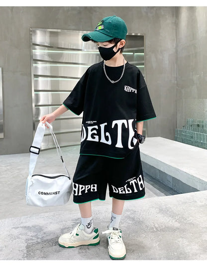 Boys Summer Letter Print Tee Shorts Two Piece Set New Big Kids Casual Wear Outfit Everyday Wear Simple Style Matching Children