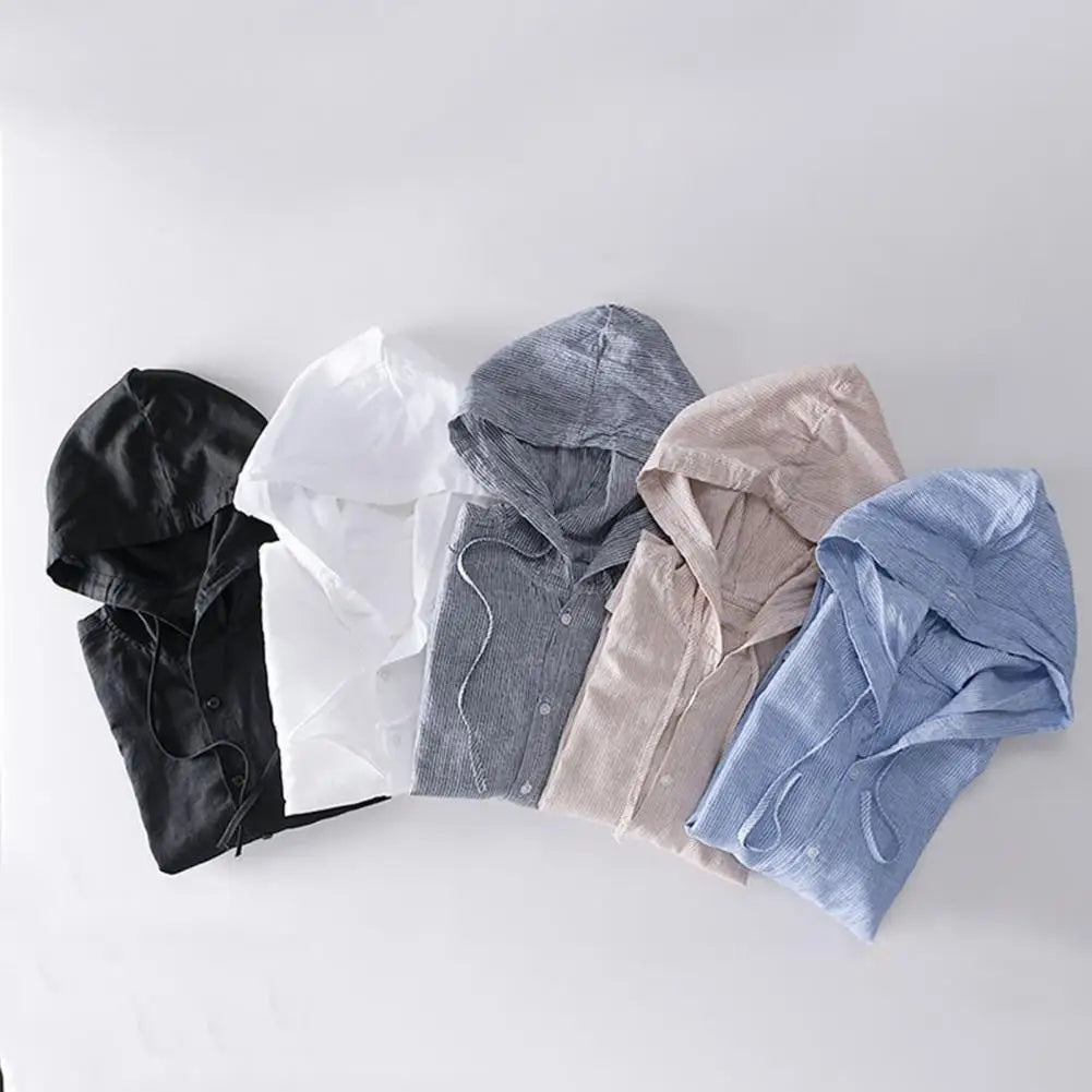 Men Summer Shirt Sun Anti UV Long Sleeve Hooded Drawstring Single breasted Soft Loose Breathable Cardigan Coat Top (Available)