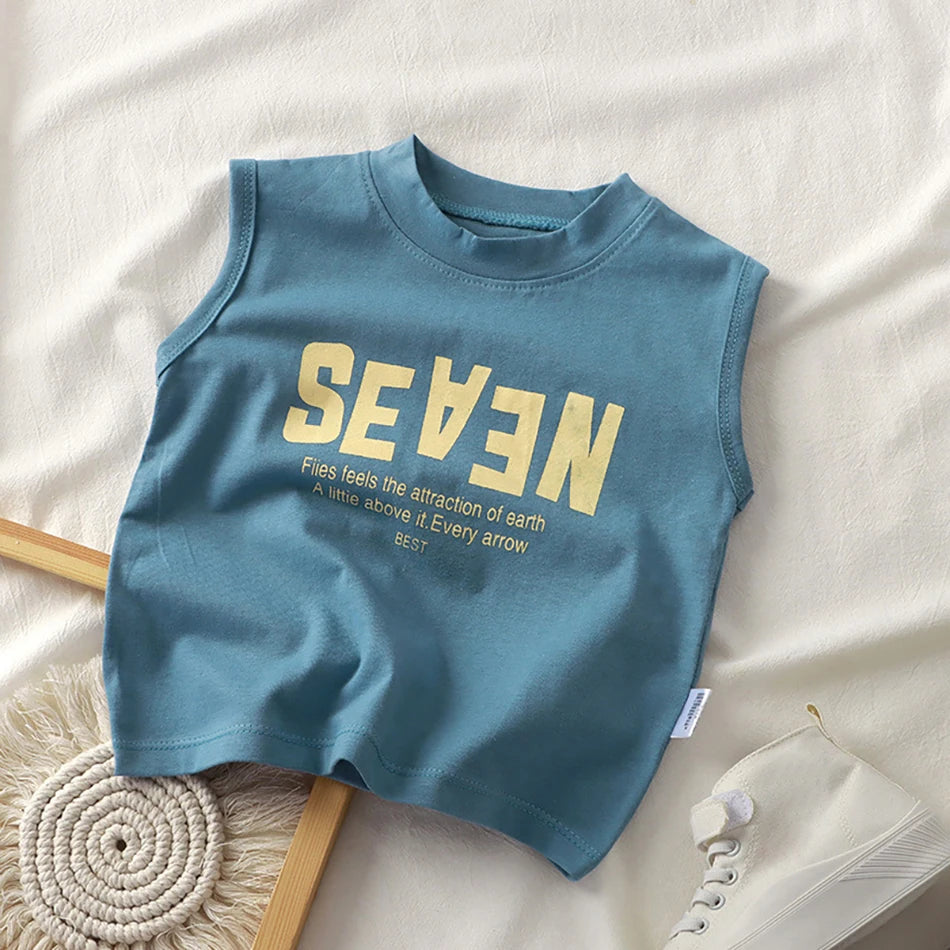 Summer Boys Letter Print Tops Girls Wide Shoulder Vest Children's O-neck T-shirt 2025 Baby Kids Korean Solid Sleeveless Tank Top