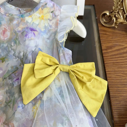 Girls Casual Dresses Girls' Floral Princess Dress with Bow Accents & Mesh Detailing - Flower Girl Party Dress