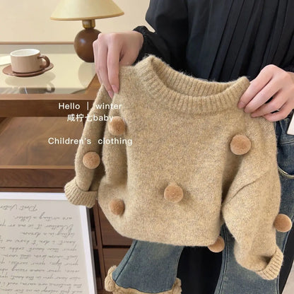 Autumn Tops's Girls Knitted Pullover Sweater Casual Simple Balloon Top Coat Winter Baby Clothing Fur Ball Design 1PCS   (Available)