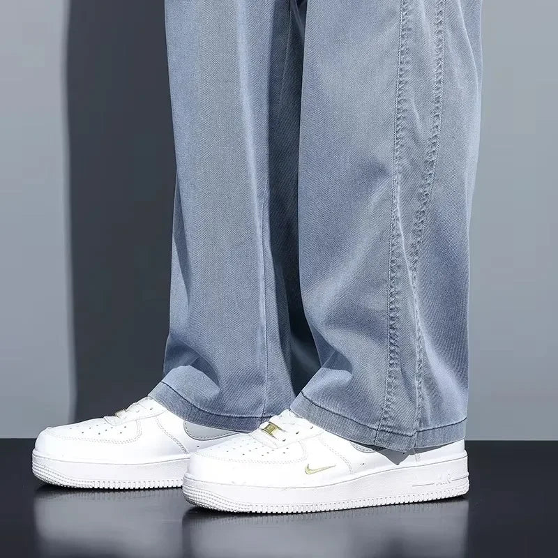 2025 New Summer Soft Lyocell Fabric Men's Jeans Thin Loose Straight Pants Drawstring Elastic Waist Korea Casual Trousers (Available)