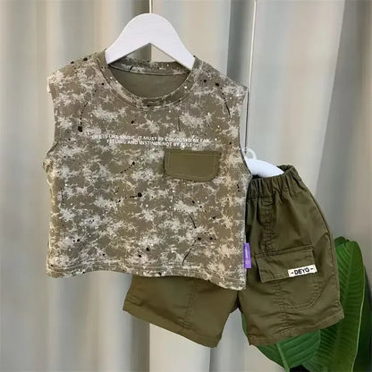 Boys Summer Vest Set New Fashionable Baby Handsome Fashion Sleeveless T-shirt Shorts Two Piece Set Children's clothing set