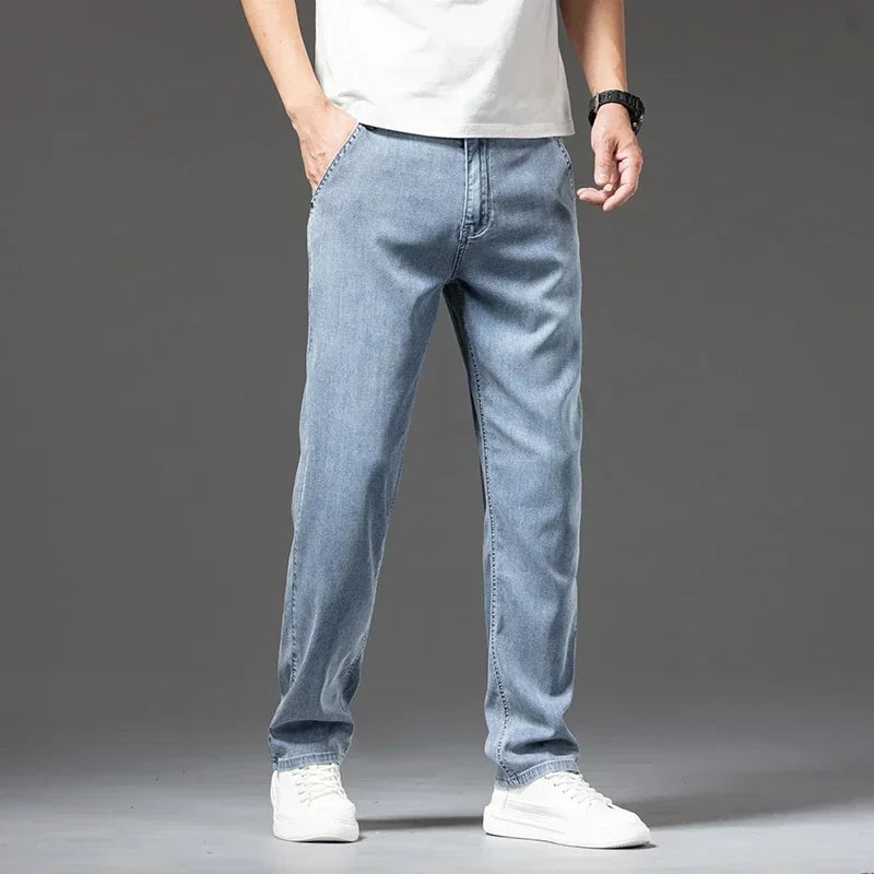 Men's Lyocell Soft Thin Jeans Light Color Straight Loose Casual Trousers Business Fashion Male Clothes Elasticity Denim Pants