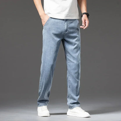 Men's Lyocell Soft Thin Jeans Light Color Straight Loose Casual Trousers Business Fashion Male Clothes Elasticity Denim Pants