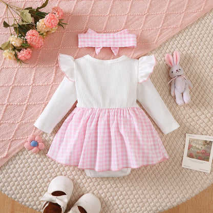 Newborn Baby girl Dress Pink Checkered Flower Fashionable Dress for 0-18 Months Cute Baby girl Autumn Long sleeved Dress